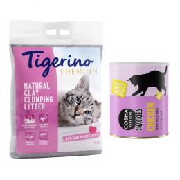 Kombi-Paket: Tigerino Premium Katzenstreu + Cosma Snackies Tube - 12 kg Babypuderduft + XXL Maxi Hühnchen (200 g)