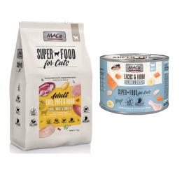 MAC´s Kombi-Paket: 12 x 200 g Nassfutter + 2 x 1,5 kg Superfood Trockenfutter  - 12 x 200 g Lachs & Hühnchen + 2 x 1,5 kg Adult Ente, Pute & Huhn