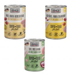 MAC´s Kombi-Paket 18 x 400 g Nassfutter - 6 x 400 g Pute, Rind & Heidelbeeren + 6 x 400 g Lachs & Huhn + 6 x 400 g Huhn PUR mit ganzen Geflügelherzen