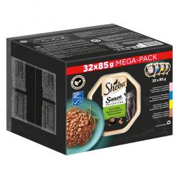 Multipack Sheba Varietäten Schälchen 32 x 85 g - Sauce Lover (Lachs, Thunfisch, Huhn, Ente)