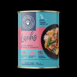 Nassfutter Lachs mit Reis, Erbsen, Kartoffel und Hagebutte für Hunde - 375g / Einzeldose