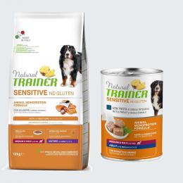Natural Trainer Sensitive + passendes Nassfutter gratis! - 12 kg No Gluten Medium/Maxi Mature mit Lachs + 400 g Forelle & Vollkorngetreide