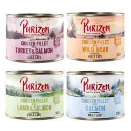 Purizon Adult 6 x 200 g - getreidefrei - Mix 4 Sorten (2 x Lachs, 2 x Wildschwein, 1 x Lamm&Lachs, 1 x Truthahn & Lachs)