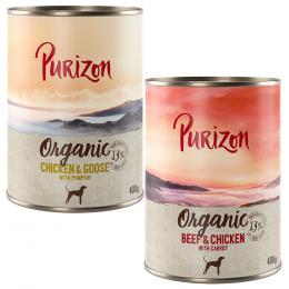 Purizon Organic 6 x 400 g - Mixpaket:  3 x Huhn mit Gans, 3 x Rind mit Huhn