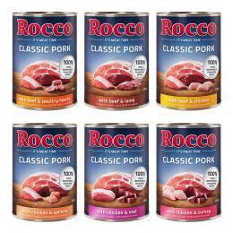 Rocco Classic Probiermix 6 x 400 g - Schwein-Mix: Rind/Lamm, Huhn/Pute, Huhn/Kalb, Rind/Geflügelherzen, Huhn/Lachs, Rind/Huhn