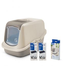 Savic Katzentoilette Nestor Happy Planet - Starterset: Katzentoilette granite mocca + 2 Ersatzfilter + 12 Bag It Up