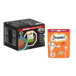 Sheba Nassfutter + 180 g Dreamies Snack mit Huhn gratis! - Sauce Lover (Lachs, Thunfisch, Huhn, Ente) 32 x 85 g