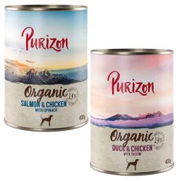 Sparpaket Purizon Organic 12 x 400 g - Mixpaket: 6 x Ente mit Huhn, 6 x Lachs mit Huhn