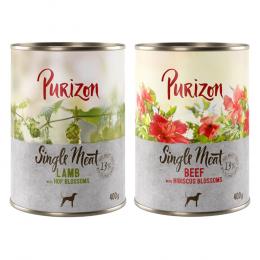 Sparpaket Purizon Single Meat 12 x 400 g - Mix: 6x Rind mit Hibiskusblüten, 6x Lamm mit Hopfenblüten