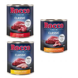 Sparpaket Rocco Classic 12 x 800 g - Geflügel-Mix: Rind/Huhn, Rind/Geflügelherzen, Rind/Pute