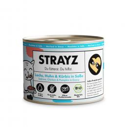 STRAYZ BIO Katze 6 x 200 g - Bio-Lachs, Bio-Huhn & Bio-Kürbis in Soße