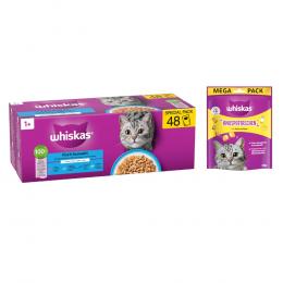 Whiskas Megapack Nassfutter + 180 g Knuspertaschen mit Huhn und Käse gratis! - Adult 1+ Fisch Auswahl in Gelee 48 x 85 g
