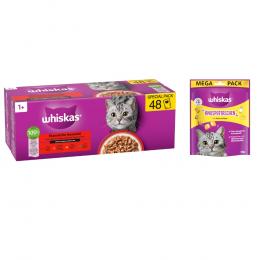 Whiskas Megapack Nassfutter + 180 g Knuspertaschen mit Huhn und Käse gratis! - Adult 1+ Klassische Auswahl in Sauce 48 x 85 g