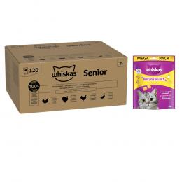 Whiskas Megapack Nassfutter + 180 g Knuspertaschen mit Huhn und Käse gratis! - Senior Geflügel Auswahl in Gelee 120 x 85 g