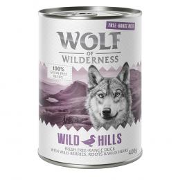 Wolf of Wilderness Adult 6 x 400 g - Freilandfleisch/-innereien & Monoprotein - Sparpaket 12 x 400 g: Wild Hills - Freiland-Ente