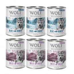 Wolf of Wilderness JUNIOR - Mixpaket - 6 x 400 g: 3x Freiland-Ente & Freiland-Kalb und 3x Freiland-Huhn & Lachs