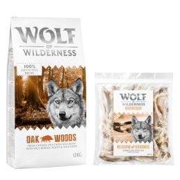Wolf of Wilderness Kombi-Paket: Adult Trockenfutter + 3 x Kaninchenohren mit Fell Snacks - 12 kg Oak Woods - Wildschwein + 3 x 400 g Snacks
