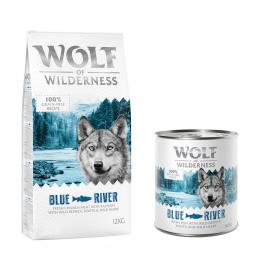 Wolf of Wilderness Kombi-Paket: Adult Trockenfutter + passende Nassfutter - 12 kg Blue River - Lachs + 24 x 800 g Blue River - Fisch